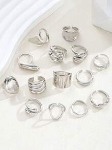 14pcs/Set Punk Style Smooth Geometric Open Ring Set, Women's Exaggerated Asymmetric Silver Heavy Metal Hip Hop Jewelry Gift - Style 2 - View 5