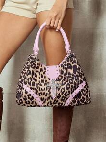 Leopard Print Shoulder Bag With Leather Trim, Studs, And Rhinestone Cross Decoration, Available In Multiple Colors, Practical Bag - Pink - View 4