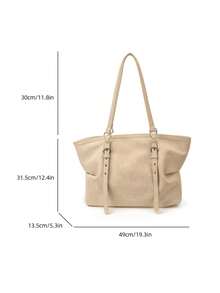 Large Capacity Tote Bag, Retro Style Faux Leather Handbag With Front Pocket For Work & Travel - Beige - View 11