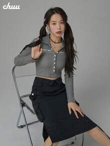CHUU 女款鈕扣翻領修身顯瘦時尚百搭長袖套頭上衣 秋季 - 灰色 - 查看 1