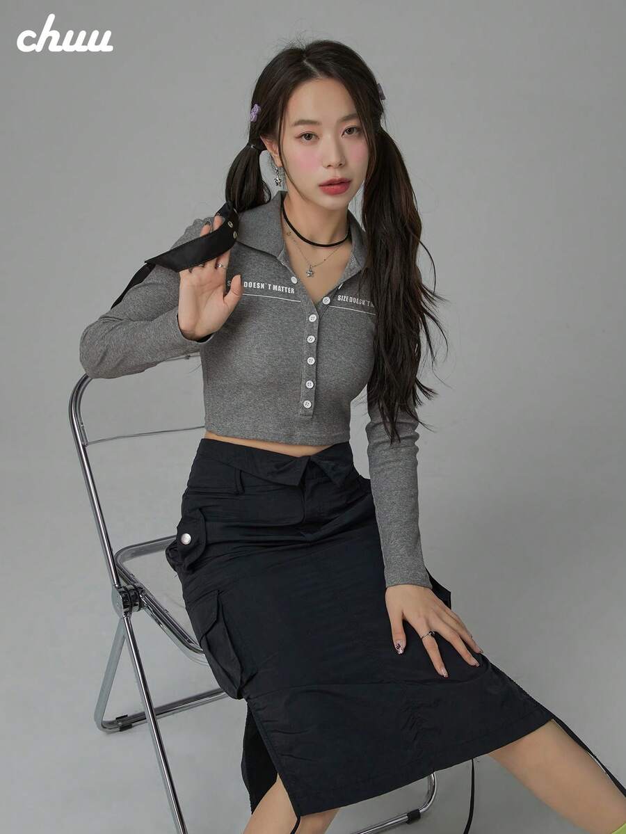 CHUU 女款鈕扣翻領修身顯瘦時尚百搭長袖套頭上衣 秋季 - 灰色 - 查看 1