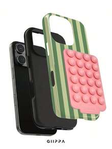 GIIPPA 1件橄欖綠與淺奶油綠條紋圖案設計手機殼，適用於Phone 17 Pro Max，附粉色吸盤，兼容Phone 16 Pro Max、15 Pro Max、14 Pro Max，韓系高端時尚趣味手機殼，適合11/12/13/14/15/16 Pro Max Plus，男女皆宜的優雅設計，送給女友的聖誕節、情人節、復活節、婚禮季和生日完美禮物！ - 橄欖綠 - 查看 2