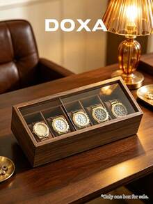 DOXA 5-Slot Watch Storage Box With Sliding Transparent Glass Lid, Dust-Proof Mechanical Watch Display & Collection Box - Brown - View 2