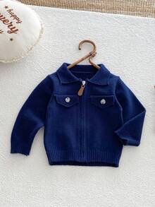 Minimalist Korean Style Knit Cardigan, Navy Blue Lapel Zipper Long Sleeve Outerwear, Spring/Autumn Kids' Clothing - Royal Blue - View 2