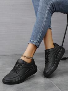 Sepatu Olahraga Kasual Unisex dengan Kotak Jari Kaki Lebar dan Blok Warna, Sepatu Skate Ringan Bertali untuk Berjalan Datar - Hitam - View 5