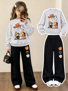 2pcs/Set Pakaian Kasual Anak Perempuan, Sweatshirt Bergambar Kucing Lucu + Celana Panjang, Kain Lembut, Cocok Untuk Pemakaian Sehari-hari Dan Sekolah - Grey - View 1