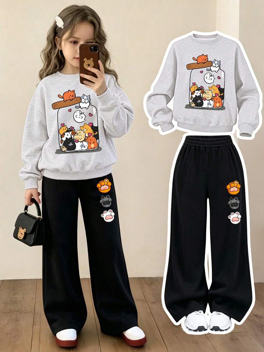 2pcs/Set Pakaian Kasual Anak Perempuan, Sweatshirt Bergambar Kucing Lucu + Celana Panjang, Kain Lembut, Cocok Untuk Pemakaian Sehari-hari Dan Sekolah - Grey - View 1