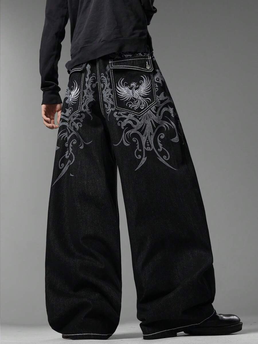 Men's American Wide Leg Jeans, Retro Print & Unique Back Pocket Embroidery, Casual Versatile All-Season Pants (No Belt & Accessories Included) - Black - View 1