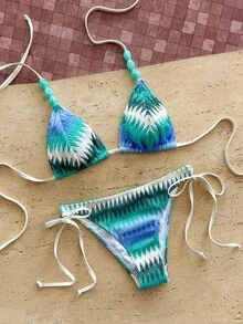 Bikinx Women's Bohemian Style Backless Beaded Tie Bikini Set, Featuring Textured Fabric And Side Tie Bottoms, Suitable For Beach Vacation - Multicolor - View 2