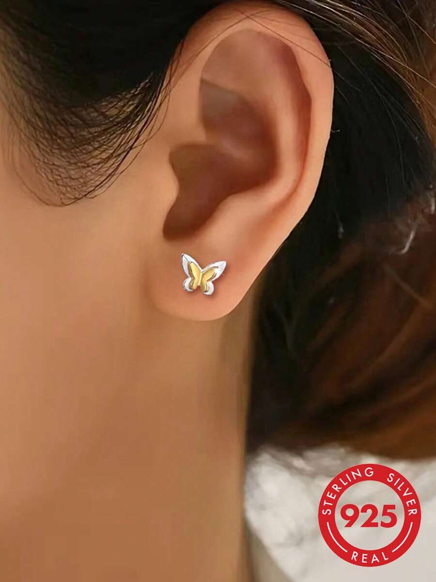 1 Pair S925 Sterling Silver Delicate Double-Layer Butterfly Stud ...