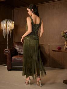 Elegant Women's Sleeveless Square Neck Beaded Tassel Long Formal Gown, Suitable For Evening Parties And Balls - Olive Green - View 4