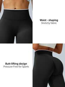 Legging Fitness Wanita Warna Hitam dengan Blok Warna, Pinggang Bergaris untuk Membentuk Bokong dan Mengangkat Tubuh, Cocok untuk Gym, Yoga, Lari, Pakaian Olahraga Musim Gugur/Dingin - Hitam - View 4