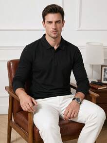 男士純色長袖翻領 Polo 衫，簡約通勤休閒基礎鈕扣上衣 - 黑色 - 查看 2