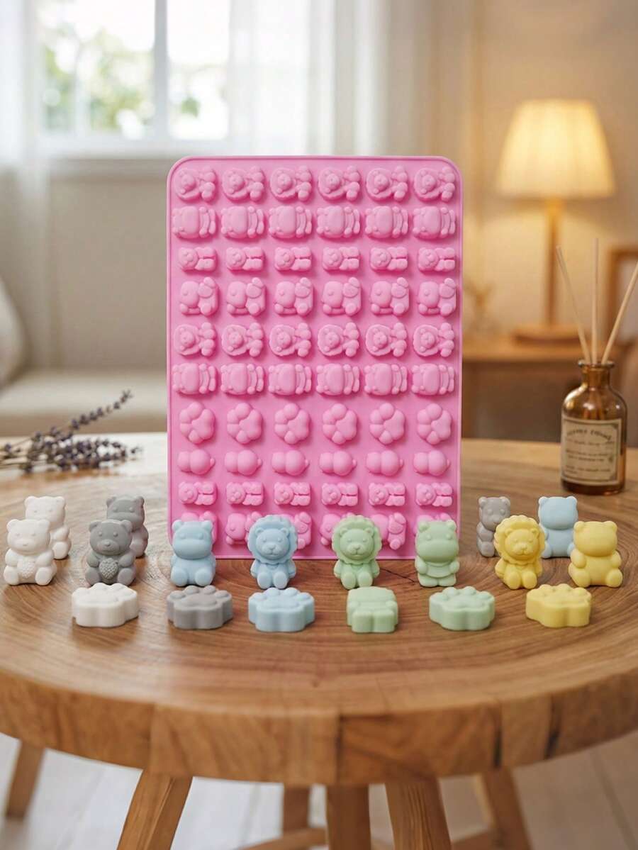 Large Capacity 60-Cavity Mini Animal Pink Silicone Chocolate Mold, Easy Release High Temperature Resistant Cartoon Animal Gummy Mold, Multi-Cavity Bear Lion Silicone Baking Mold Suitable For Homemade Candy, Pudding, Handmade Scented Candles, Home Baking Essential