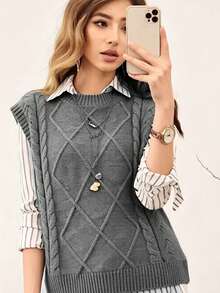 Sweater Rajut Tanpa Lengan Leher Bulat Ukuran Plus Wanita yang Elegan dan Serbaguna untuk Perjalanan Sehari-hari, Gaya Kampus Eropa dan Amerika Minimalis untuk Semua Musim Gugur - Grey - View 3