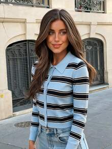 Fall/Winter Vintage Lapel Knit Cardigan Women Business Color Block Striped Minimalist Elegant Sweater - Blue - View 2