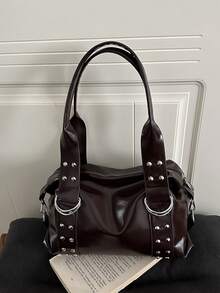 Korean Style Rivet Textured Commuter Work 2026 Large Capacity Hot Girl Motorcycle Handbag Shoulder Underarm Bag - Coffee - View 8