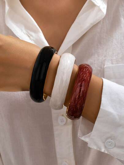 3pcs/1pc Fashion Minimalist Gold-Plated & Artificial Drip Oil Black+White+Coffee Brown Wavy Texture Tire Round Shape Women's Bracelet Set