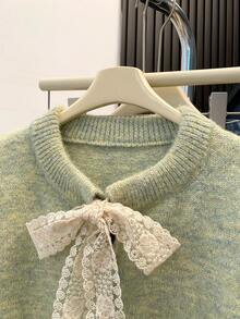 Women's Sweet Style Lace Bow Knitted Cardigan, Fashion Button Sweater Jacket, Suitable For Autumn/Winter Halloween Thanksgiving Christmas - Green - View 10