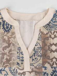 Plus Size Bohemian Vintage Print Flowy Blouse For Women With V-Neck, Short Sleeves And Ruffle Hem - Brown - View 3