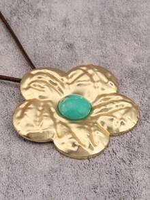 1pc Western Cowboy Style 3D Flower Turquoise Pendant Necklace, Braided Wax Rope Long Necklace Accessory, Christmas Halloween Holiday Gift Neck Jewelry, Gift For Girlfriend Mother Best Friend - Wax Rope - View 1