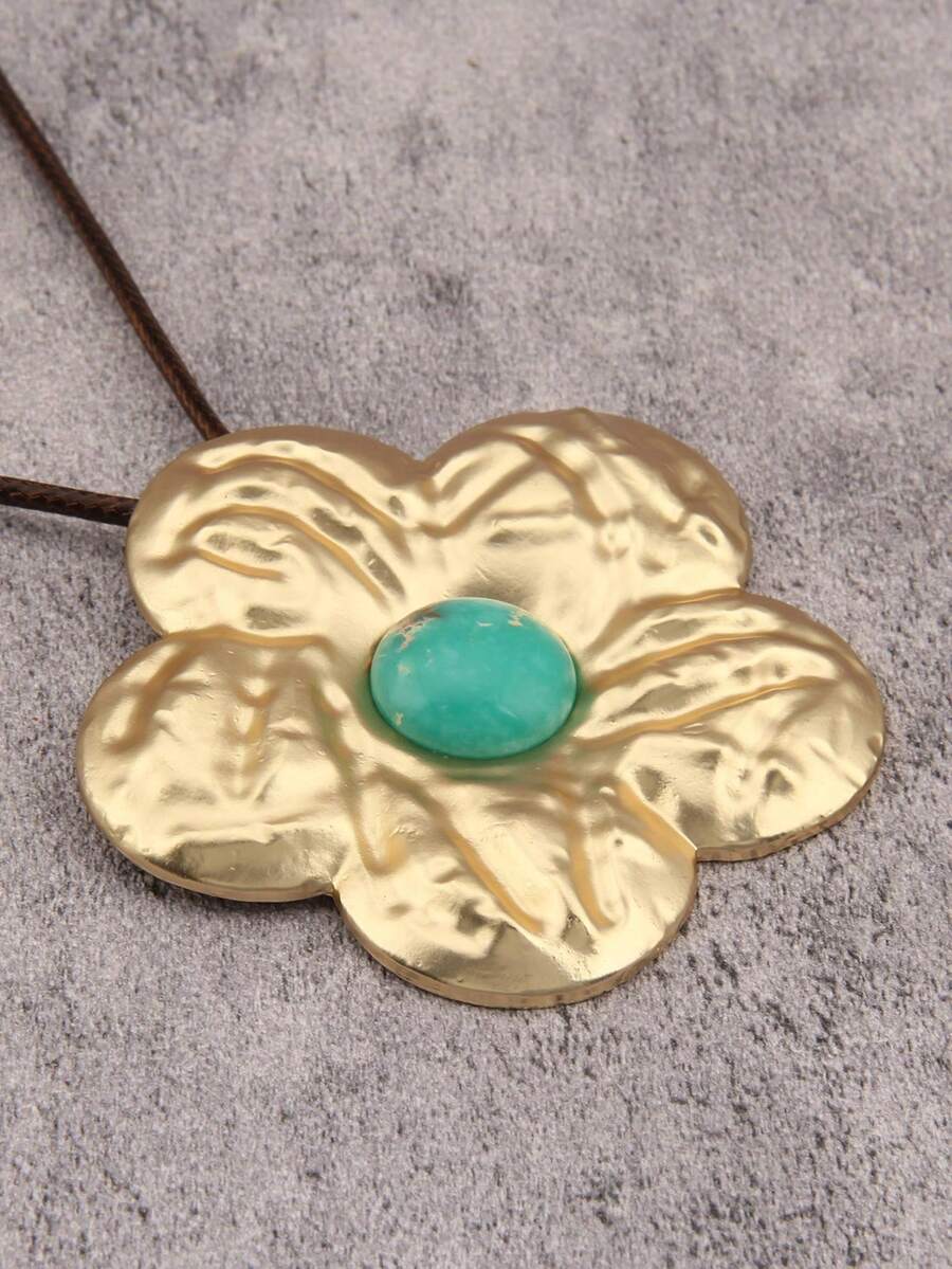 1pc Western Cowboy Style 3D Flower Turquoise Pendant Necklace, Braided Wax Rope Long Necklace Accessory, Christmas Halloween Holiday Gift Neck Jewelry, Gift For Girlfriend Mother Best Friend - Wax Rope - View 1
