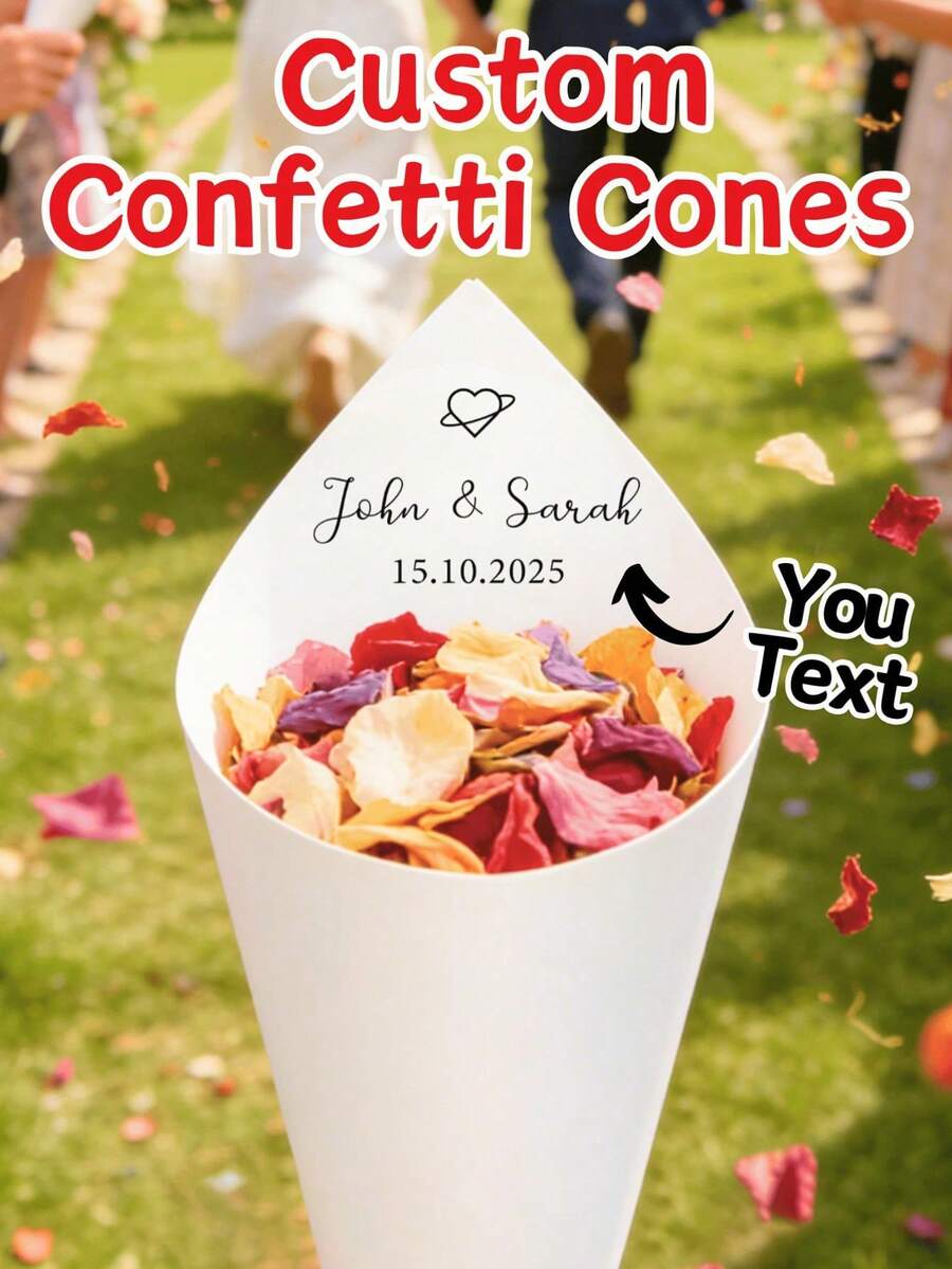 Customizable Text Petal Paper Cones, Suitable For Wedding Favors, Bridal Showers, Birthday Confetti, Christmas, And Halloween Party Decorations.