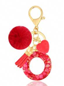 Cute Initial Red Heart Gold Foil Stone Tassel Pom Pom Keychain Resin Drip Glue Minimalist Personalized Key Chain For Women Bags Daily Wear And Gift - Red - View 27