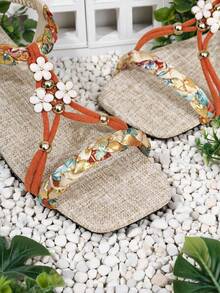 Damen Sommer Mode Boho Flache Sandalen, gewebtes Hohldesign mit Blumen- und Metallelement, geeignet für Strand, Urlaub, Dates und verschiedene Anlässe, Orange - Orange - Übersicht 8