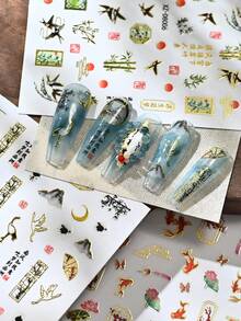 12 Buah Stiker Kuku Gaya Cina, Foil Emas, Burung Walet Bambu, Kaligrafi, Pola Jendela Lentera, Stiker Seni Kuku Perekat untuk Dekorasi Manikur DIY - MultiWarna - View 9
