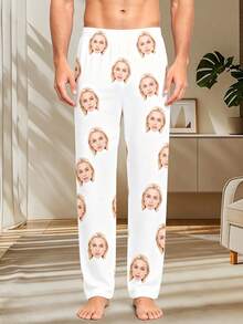1pc Men's Customizable Single-Sided Graphic Print Black Soft Elastic Fabric Comfortable Casual Lounge Pants, Customized Photo Pajama Pants Gift For Boyfriend - White - View 3