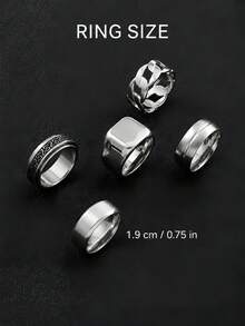 5Pcs Men Stainless Steel Ring Set Vintage Celtic Spinner Ring Hollow Chain & Plain Band Rings Punk Minimalist Finger Jewelry Gift For Male Daily Wear - Silver - View 3