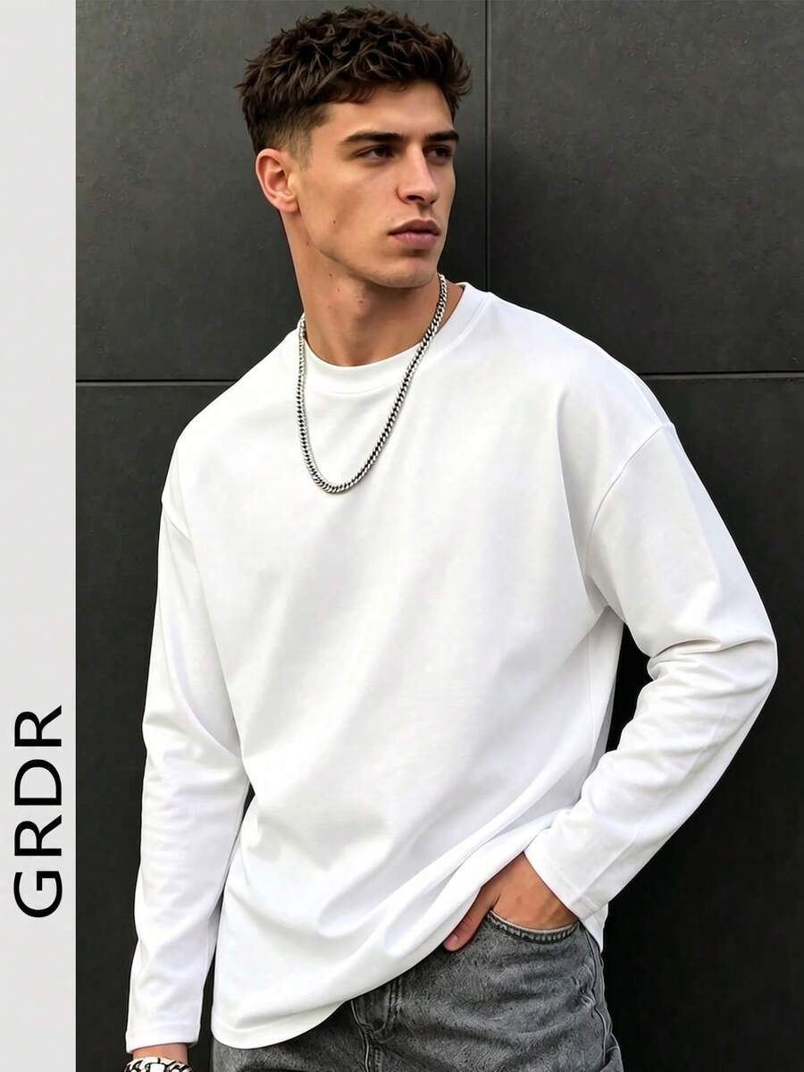 Men's Casual Everyday Minimalist Sports Style Bull Head Logo Print Long Sleeve T-Shirt, Autumn - White - View 1