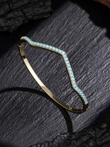 rakol 1pc Elegant V-Shaped Wavy Blue-Grey Synthetic Stone Inlaid Snap Bracelet, Suitable For Women's Daily Layering Accessory - V-shaped Wave - View 3