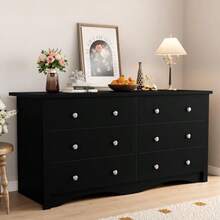 Black Dresser For Bedroom With 6 Drawers, 47.2" Wood Dresser Chests Of Drawers, Anti-Tip, Storage Organizer, TV Stand For Living Room, Closet, Hallway, Dormitory - Jet Black - View 1