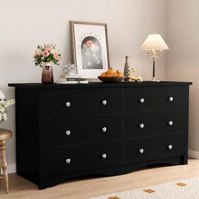 Cómoda negra para dormitorio con 6 cajones, cómoda de madera de 47.2", cajonera, anti-vuelco, organizador de almacenamiento, soporte de TV para sala de estar, armario, pasillo, dormitorio