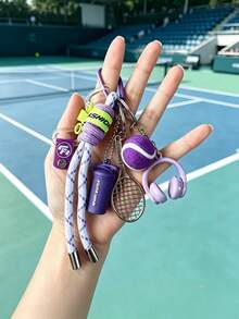Sports Tennis Keychain, Mini Tennis Racket Ball Headphone Charms Braided Rope Carabiner Key Ring, Preppy Sporty Backpack Bag Pendant Gift For Friends - Multicolor - View 3