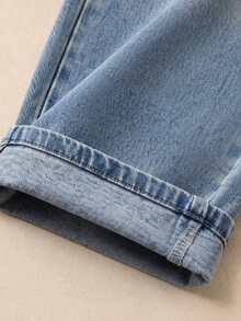 1pc Tween Girl Cargo Loose Straight Wide Leg Denim Jeans With Large Pockets, Outdoor Fashion Versatile - Medium Wash - View 6