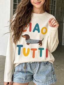 Tween Girl 1pc Sausage Dog Print Long Sleeve T-Shirt, Suitable For Girls' Autumn/Winter Top, Young Student Children's Clothing, Suitable For Outerwear And Layering - Apricot - View 1