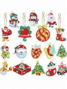 12pcs Christmas Diamond Painting Keychain Set, Colorful Snowman DIY Gem Painting Keychain, Full Crystal Rhinestone Stickers, Suitable For Christmas Craft Materials - Sets - View 9