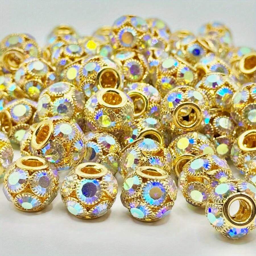 11Pcs 16MM Gold Base AB Rhinestone Flower Ball Beads Craft Set, Sparkly Round Spacer Charm Beads For DIY Bracelet Necklace Handmade Jewelry Making & Decor Accessories