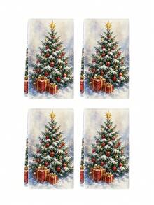 2pcs/4pcs Watercolor Snowy Christmas Tree Kitchen Towels, Falling Snow Christmas Tree Colorful Balls Red Gift Box Print, Cozy Holiday Hand Towels, Kitchen Baking Decor Towels - Multicolor - View 10
