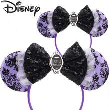 Disney Haunted Mansion Mickey Ears Headband, Purple Base With Black Castle Pattern, Black Sequin Bow With White Mesh Ruffle Trim, Vintage Gothic Halloween Theme Park Hair Accessory - Multicolor - View 2
