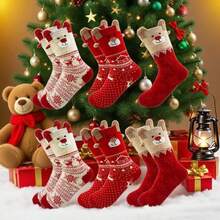 1/3/6/12 Pairs Women's Red Mid-Calf Socks, Printed With Santa Claus, Snowman And Reindeer Patterns, Suitable For Matching Christmas Outfits - Multicolor - View 2