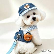 3pcs Summer Twill Fabric Pet Outfit, Adjustable Harness & Leash Set, Breathable Clothes For Cats Dogs, Outdoor Walking Accessories - Blue - View 4