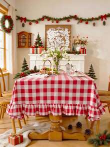 1pc Vintage Red & White Plaid Ruffle Edge Christmas Tablecloth, Cabinet/Coffee Table/TV Dust Cover, Suitable For Holiday Celebrations, Home Dining, Themed Parties, Photography Backdrop, Daily Decoration - Red - View 1