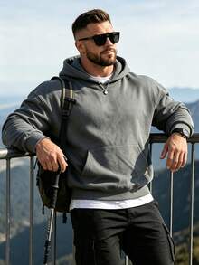 Hoodie Kasual Lengan Panjang Model Bahu Longgar Warna Polos untuk Pria, Musim Gugur/Dingin - Dark Grey - View 2
