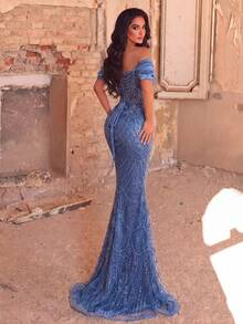 Faeriesty Glamorous, Elegant Open Shoulder Sequin Mermaid Evening Gown With Floor-Length Train - Fitted Flare Silhouette, Intricate Embroidery Fall Wedding - Dusty Blue - View 3