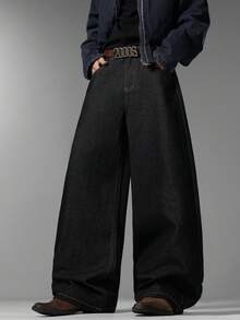 Men's Korean Wide Leg Jeans, Simple Style With Flap Back Pockets, Fashion Versatile Comfort Casual All-Season Pants (No Belt & Accessories) - Black - View 3