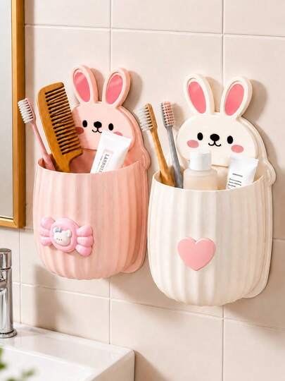 Bolsa de almacenamiento para cepillo de dientes y pasta de dientes montada en la pared, opciones multicolor, 1 pieza estante de almacenamiento con diseño de conejo lindo + decoración de corazón/decoración de caramelo, ahorra espacio, accesorio de decoración para el baño, adecuado para el lavabo y el baño, se usa para almacenar pasta de dientes, cepillo de dientes, peine, pincel de maquillaje y otros artículos
